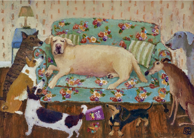A fat Yellow Labrador, hogging the sofa with other dogs looking on