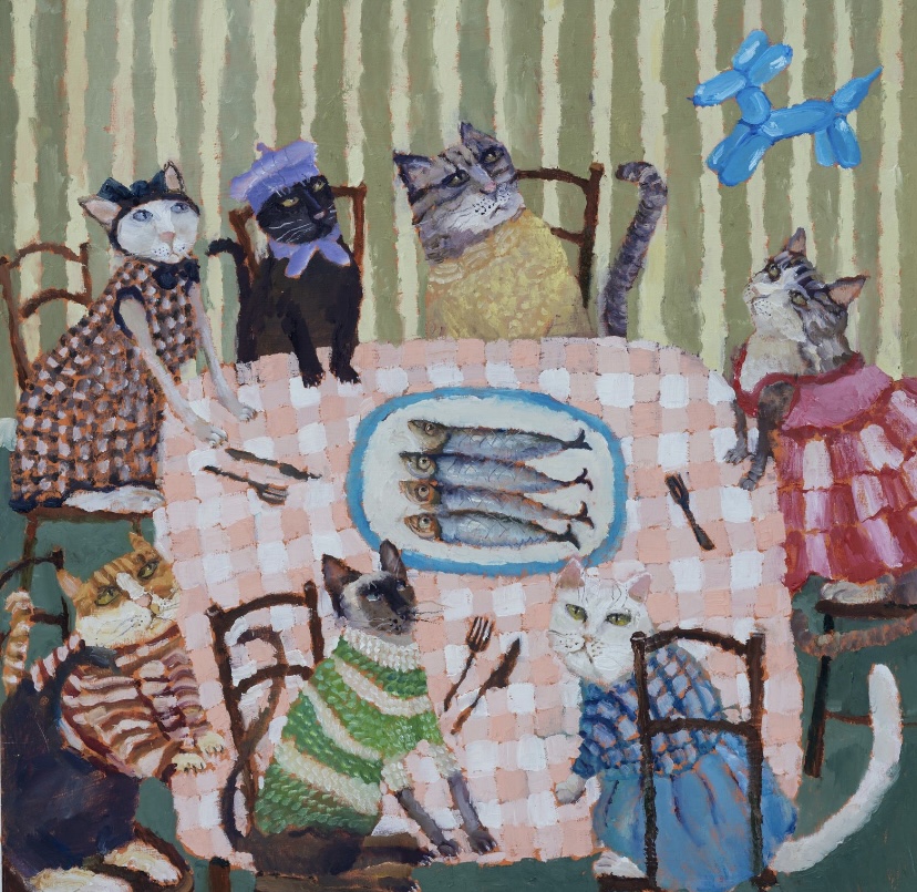 Cats round the table with a platter of sardines and a Geoff Koons style dog balloon in the corner